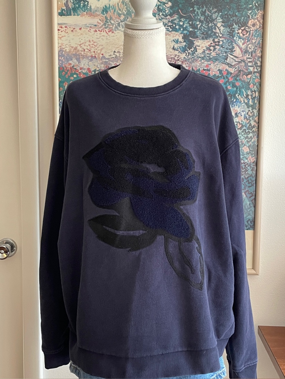 Ted Baker Darsena Floral Navy Crewneck Sweatshirt Large Embroidered Cotton Cozy